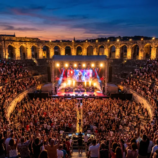 Concert dans les Arènes de Nîmes, amphithéâtre romain accueillant un spectacle devant des milliers de spectateurs